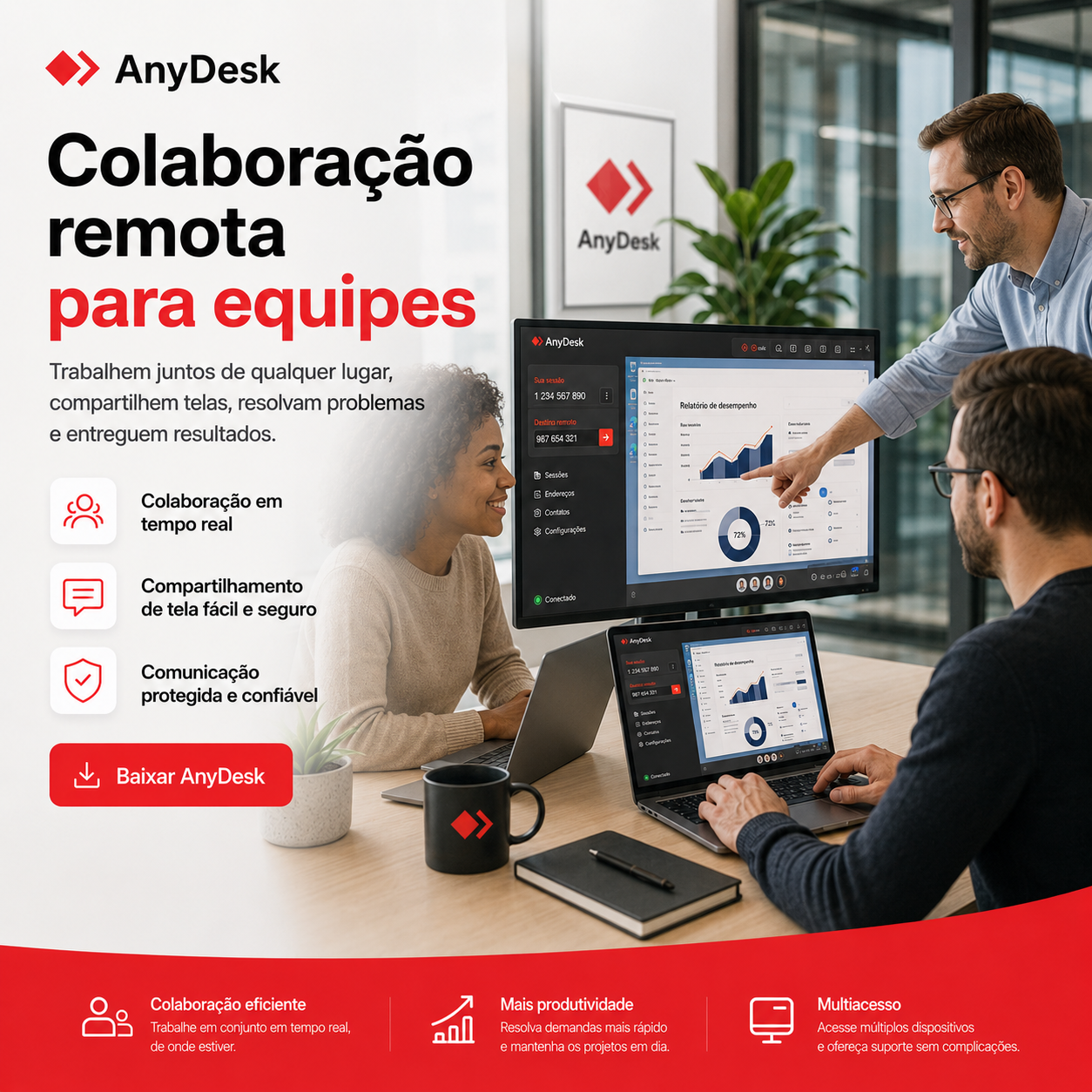 Janela inicial do AnyDesk recém-aberta, com o endereço numérico do aparelho e o campo para digitar o número do outro lado